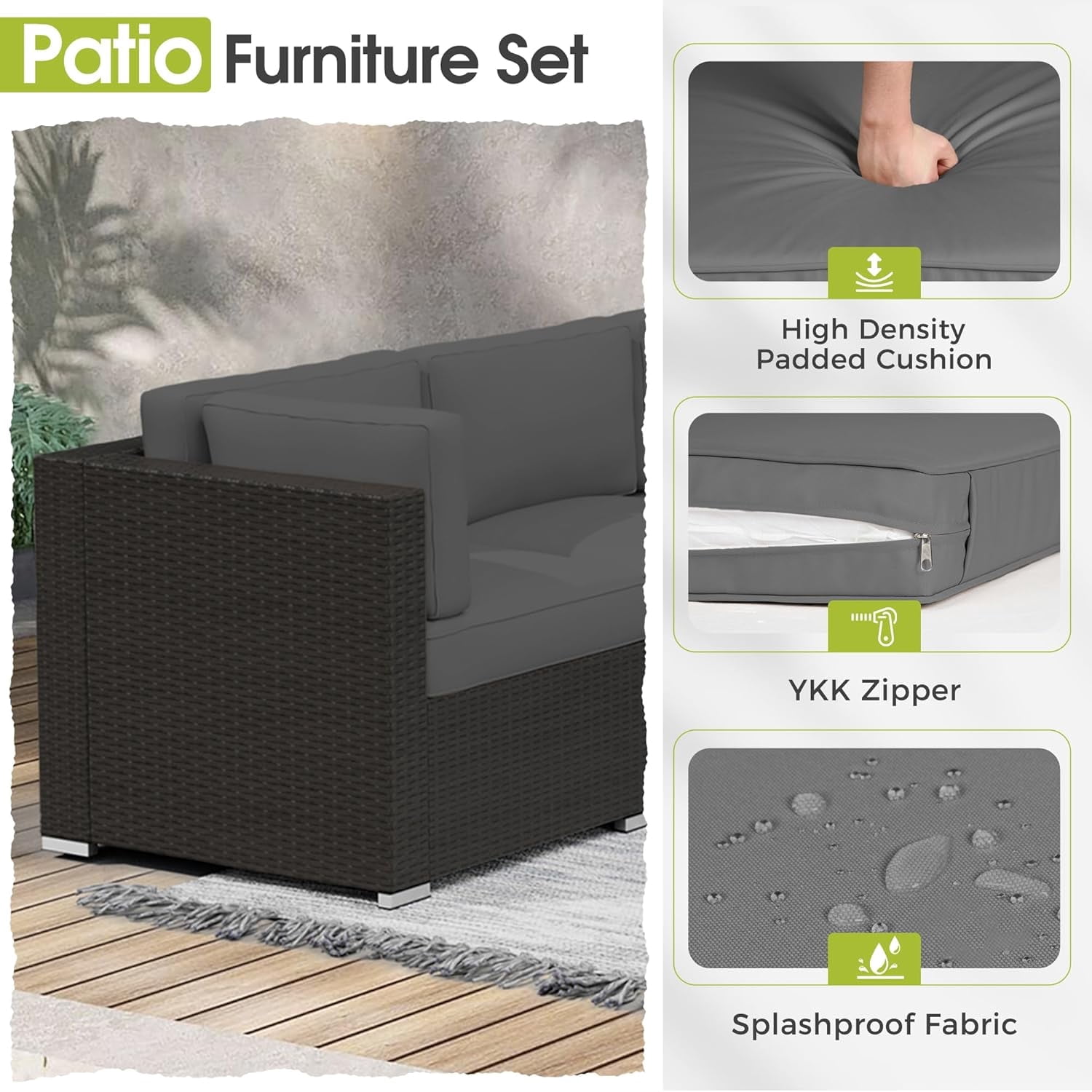 SOLAURA 7-Piece Patio Furniture Outdoor Black Wicker Rattan Sectional Sofa Set Conversation Set with Gray Cushions