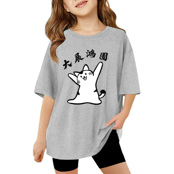 LUOGENLI Girls' Graphic T Shirt Casual Loose Fit Short Sleeve Tee with Cat and Letter Print Comfortable Top for Toddler and Youth Grey Size 9-10 Years