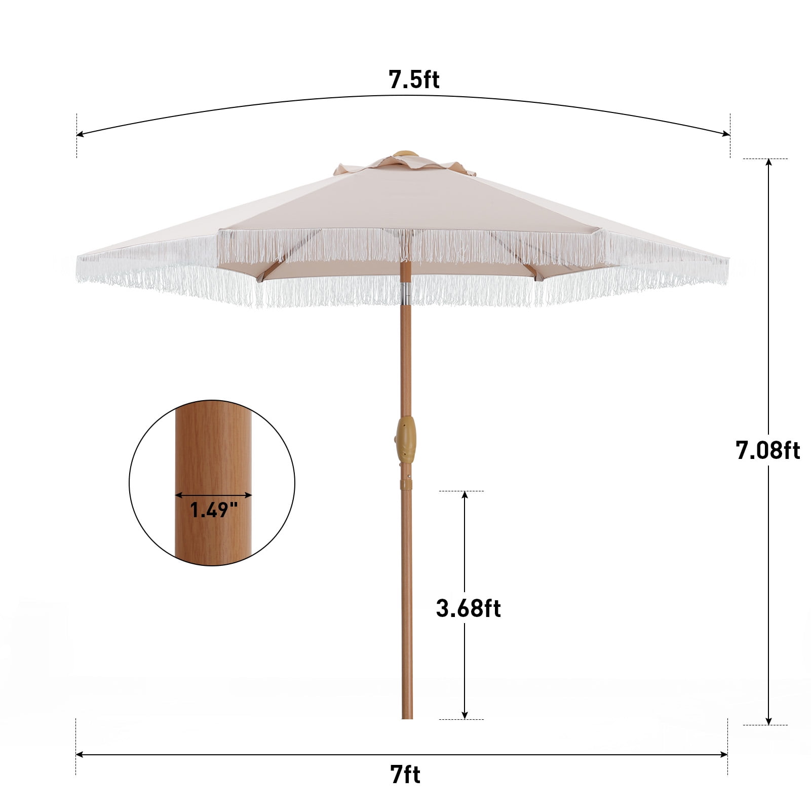 Autlaycil 7.5 ft Fringe Patio Umbrella, Outdoor Table Tassels Umbrella with Push Button Tilt and Crank - Khaki