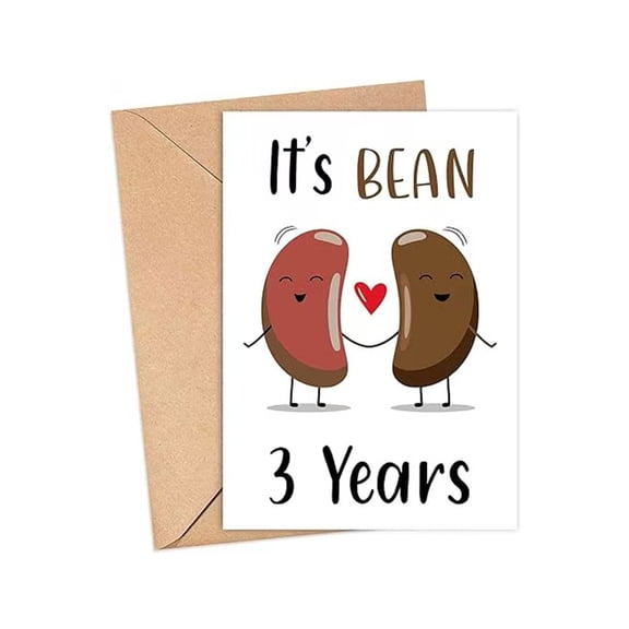 Funny 3 Year Anniversary Card – Cute Bean Characters Holding a Heart – Blank Inside – Perfect for Couples to Celebrate Love and Milestones