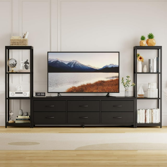 EDTara Entertainment Center With 6 Fabric Drawers, Industrial Tv Stand Featuring Two 4-Tier Storage Shelving Units