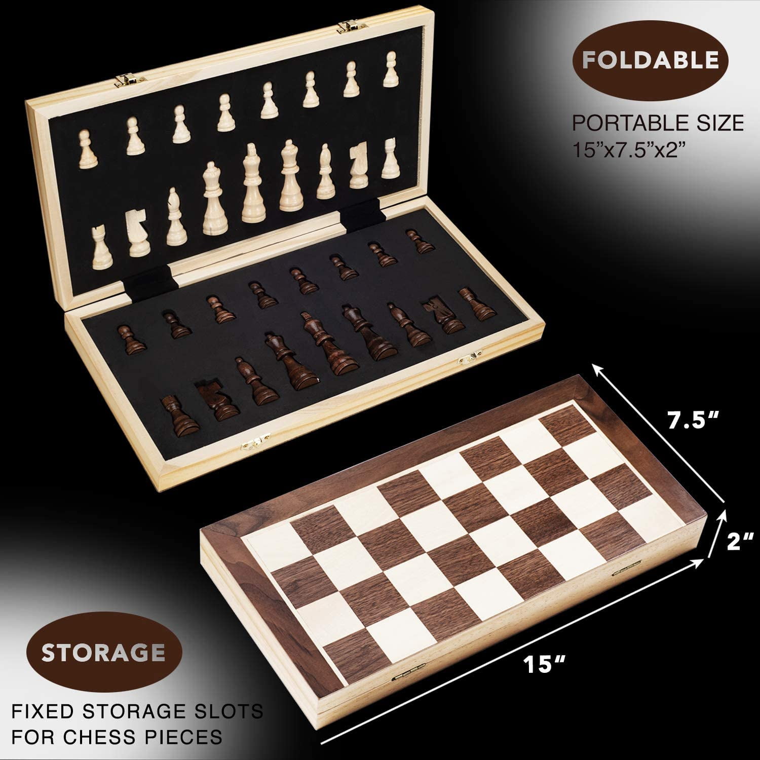 LEAP Wooden Chess Set 17 Inches - 2 Extra Queens - Folding Board, Handmade  Portable Travel Chess Board Game Sets with Game Pieces Storage Slots - All