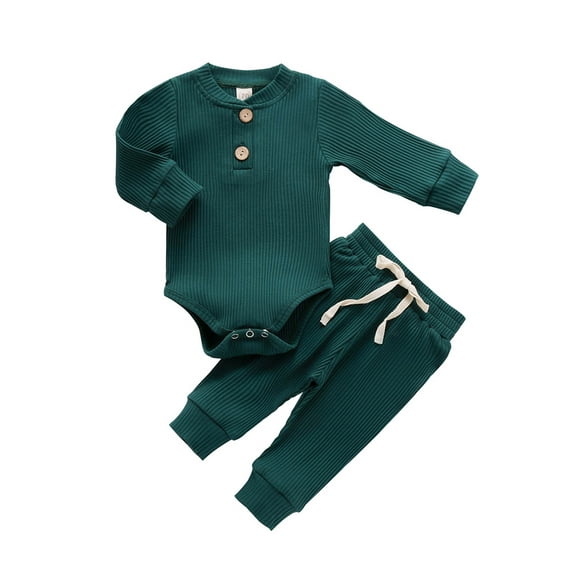 Hirigin Newborn Baby Boy Girl Clothes Ribbed Knitted Cotton Long Sleeve Romper Long Pants Solid Color Fall Winter Outfits