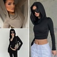 thumbnail image 5 of Casual Sophisticated Women's Bare Shoulder Cowl Neck Hooded T-Shirt Long Sleeves Solid Color Ruched Bodycon Crop Top, 5 of 9
