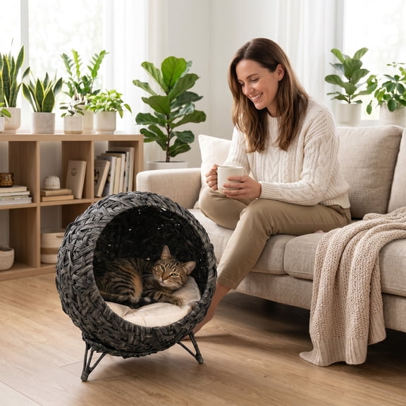 PawHut Rattan Cat Bed, Elevated Handwoven Cat Basket Bed with Soft Cushion and Metal Base, Indoor Kitty Furniture, Breathable, for Kittens