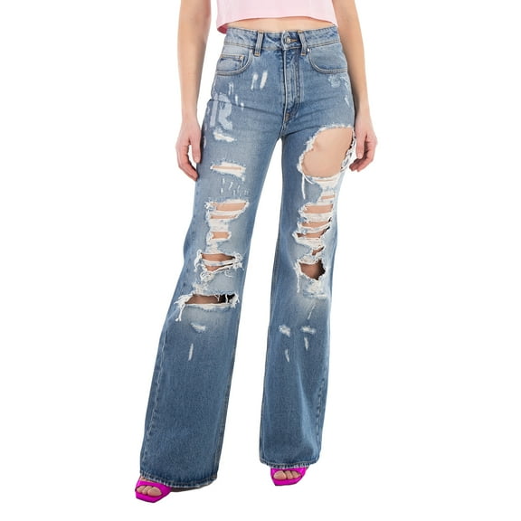 Rabanne Ladies Blue Ripped-Detailing Cotton Wide-Leg Jeans, Waist Size 24"