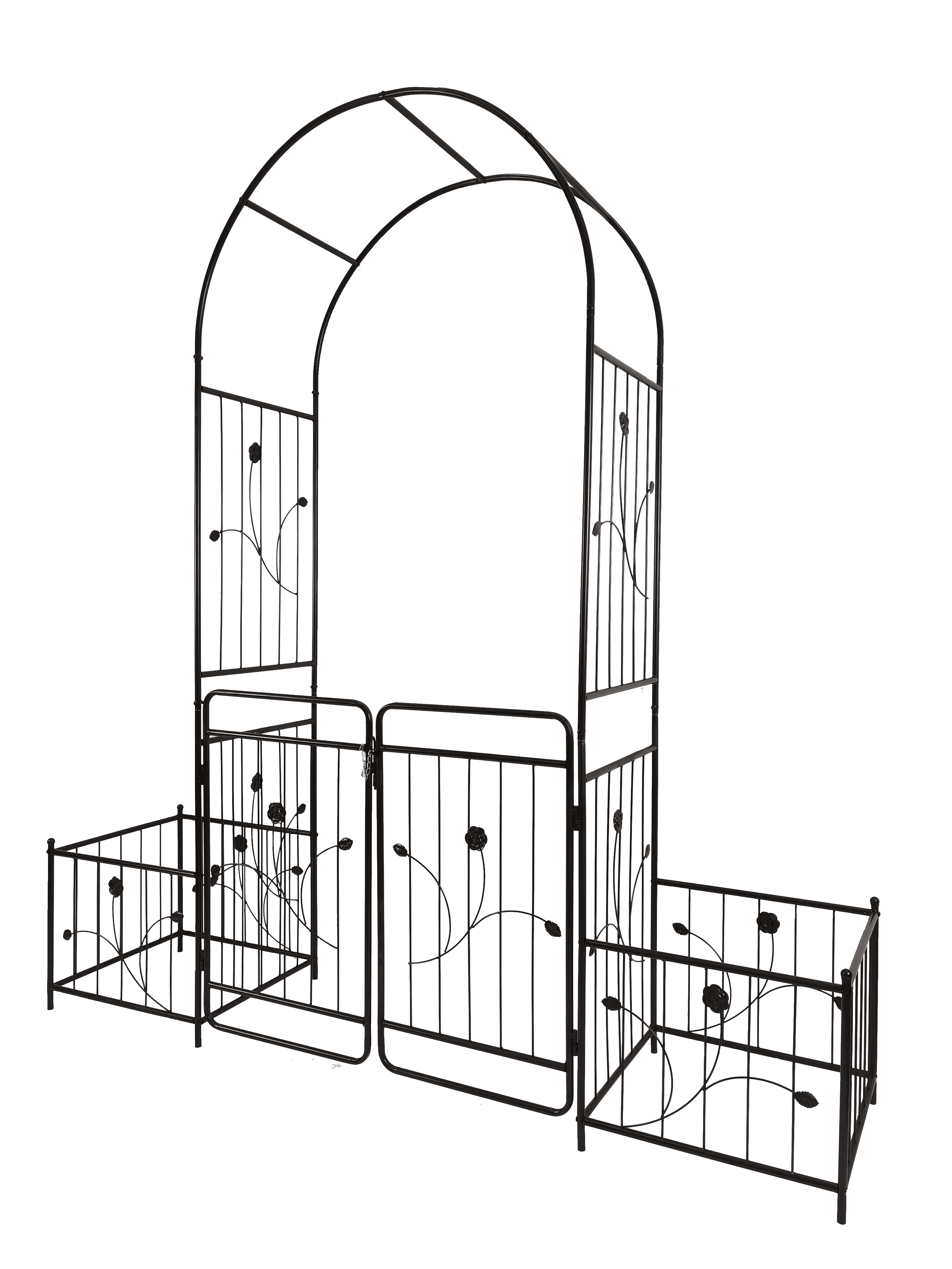 Miniyam Metal Garden Arch with Double Doors and 2 Side Planter Baskets, 79.5" W x 86.6", Black