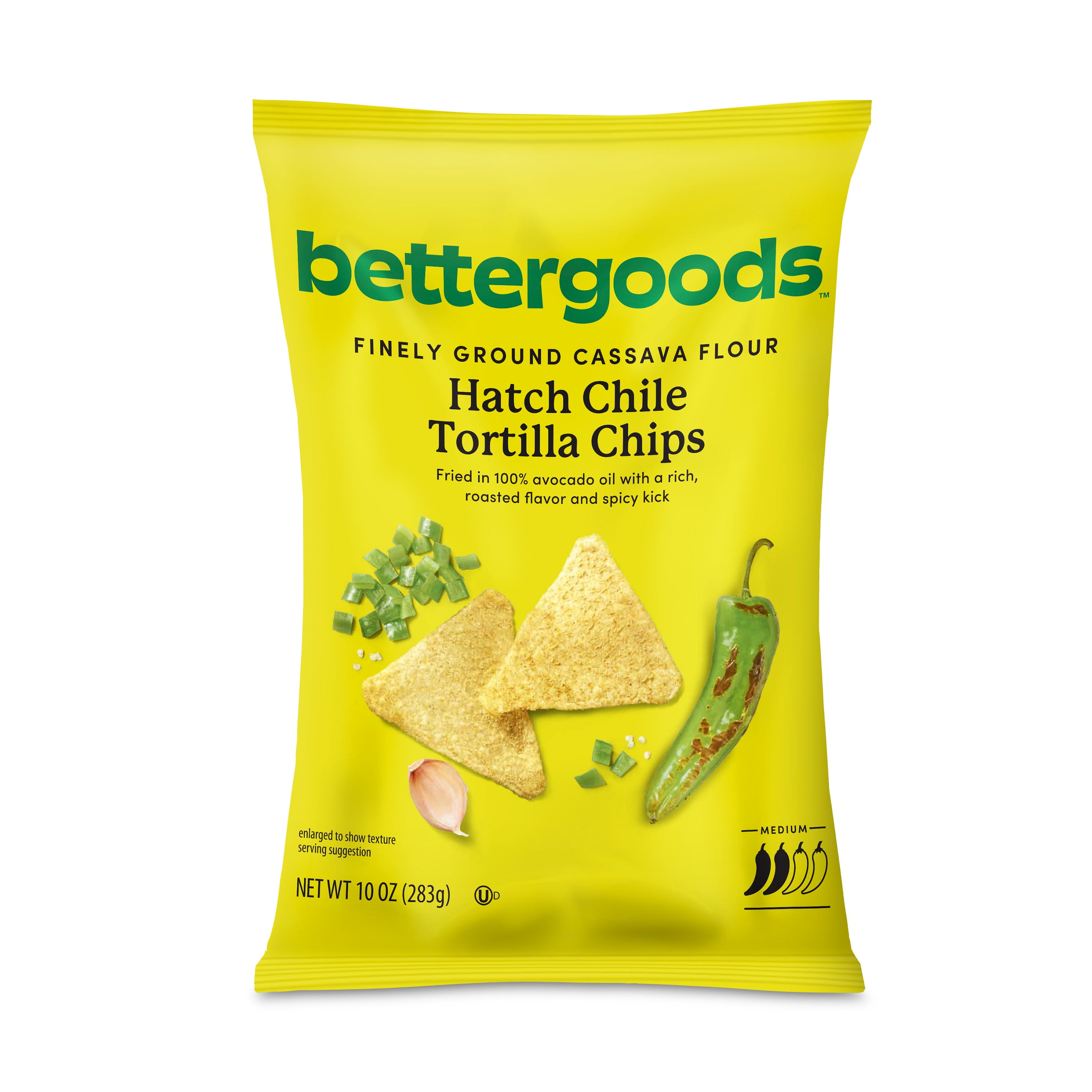 (4 pack) bettergoods Finely Ground Cassava Flour Hatch Chile Tortilla Chips, 10 oz