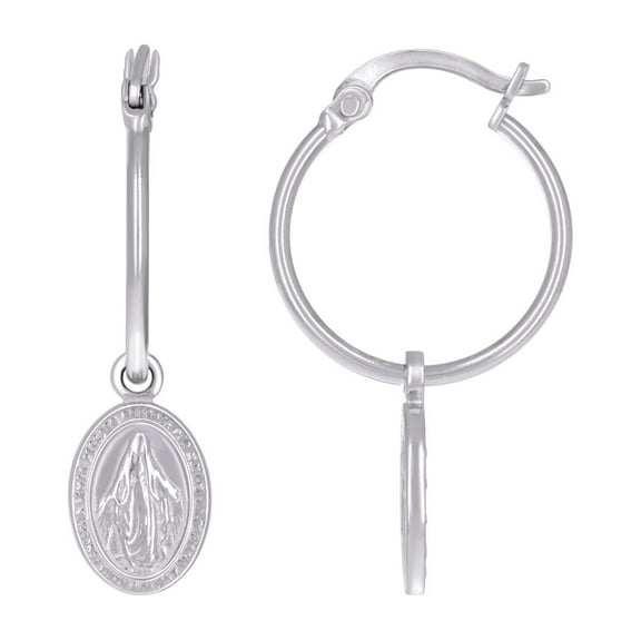 925 Sterling Silver Womens Immaculate Conception Medal Religious Dangle Hoop Earrings 31.9x9mm Wide Hoop Earring for Wom