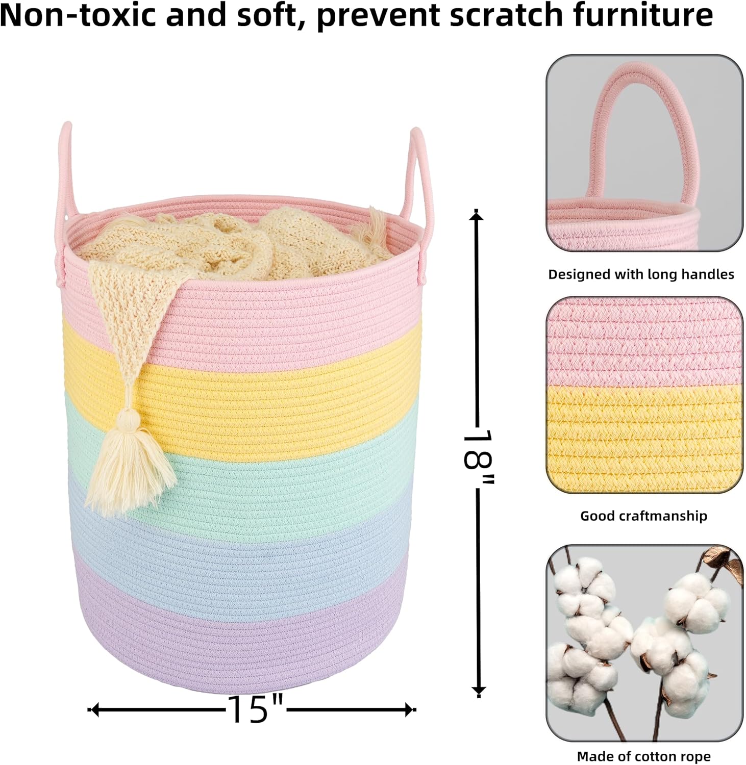 WarmHaven Rope Laundry Basket Hamper for Kids Girl Woven Storage Basket for Living Room Bedroom Boho Tall Baskets for Blanket Toys Pillow Towels Baby Nursery Hamper Bin rainbow