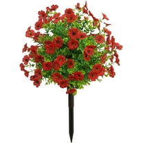 Artificial Boxwood Topiary Balls Trees with Red Flowers for Outdoor Fake Plants with Ground Spike 24 Inch UV Resistant Faux Greenery Shrubs Faux Plants for Front Door Garden Yard Patio Decor (B)