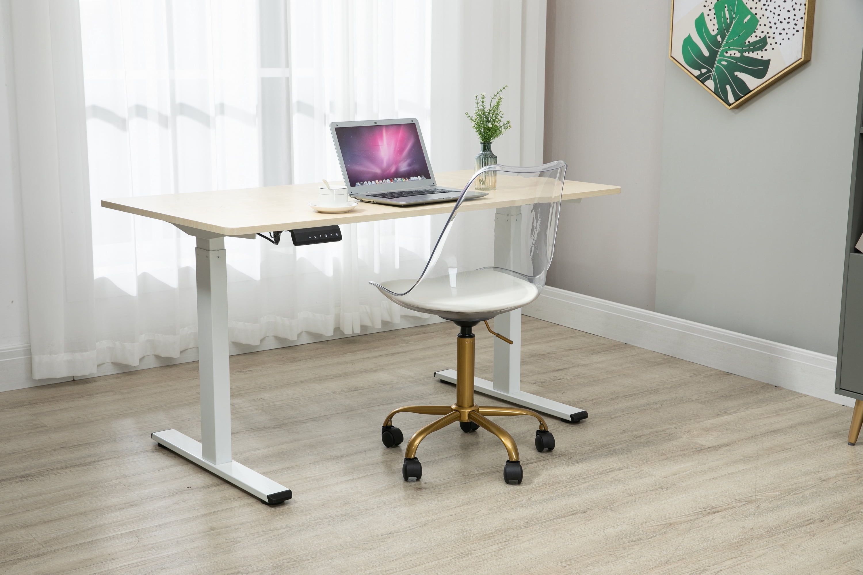 Luccalily Clear Acrylic Rolling Chair With Cushion,Modern Small Cute Armless Vanity Rolling Plastic Chair Home Office Lucite Ghost Chairs Cushion Padded with Adjustable Height and Golden Wheels