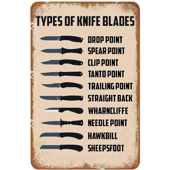 Tin Sign-TYPES OF KNIFE BLADES Retro Tin Sign - Metal Plaque for Kitchen, Bar. 12x8 inch