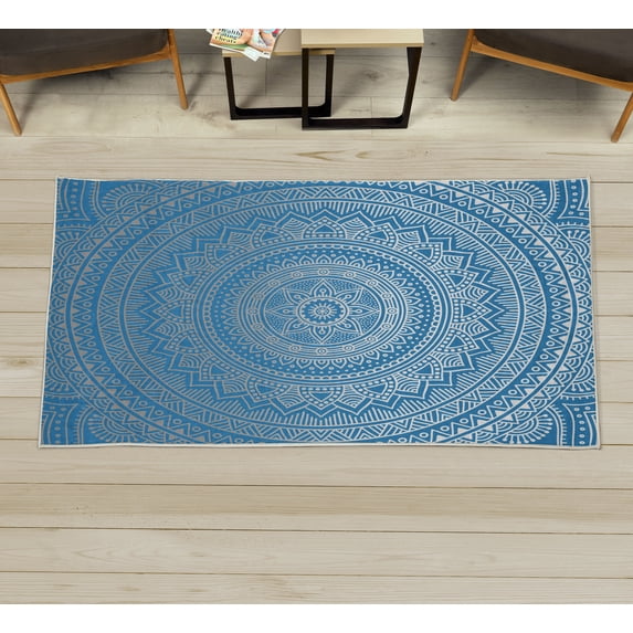 Mandala Decorative Rug, Abstract Floral Design with Themes Native South East Folkloric Illustration, Quality Carpet for Bedroom Dorm and Living Room, 6 Sizes, Azure Blue, by Ambesonne