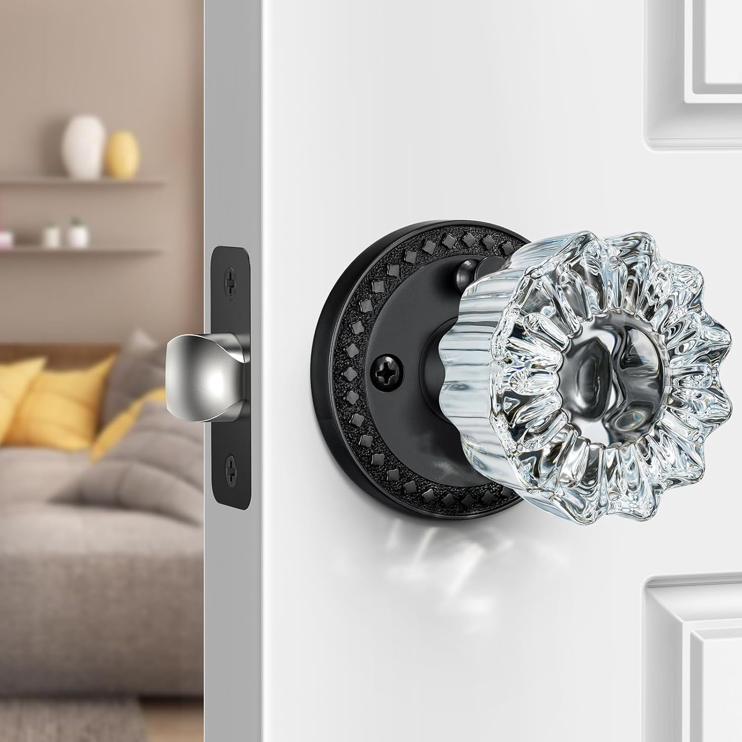 Scifil Vintage Crystal Glass Door Knob with Privacy Lock - Antique Interior Glass Knobs for Doors, Matte Black Door Handle for Bathroom/Bedroom- Adjustable Latch, 1 Pack