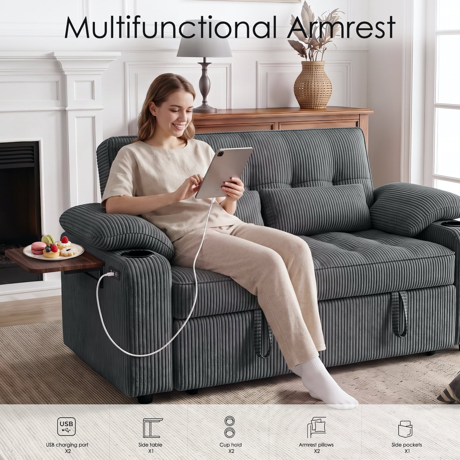 58" Convertible Sleeper Sofa Bed, Full Size Pull Out Couch with USB Charging, Cup Holders, Side Table, Adjustable Backrest, Corduroy Loveseat for Living Room, Apartment, Office (Dark Gray)