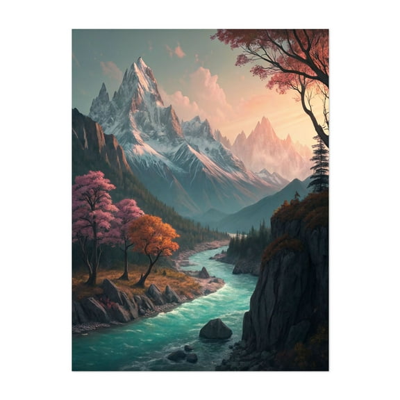 Serene Mountain River Valley - Painting Mountain Landscape Nature Autumn Scenic Wilderness Unframed Wall Art Print 5 x 7 inches