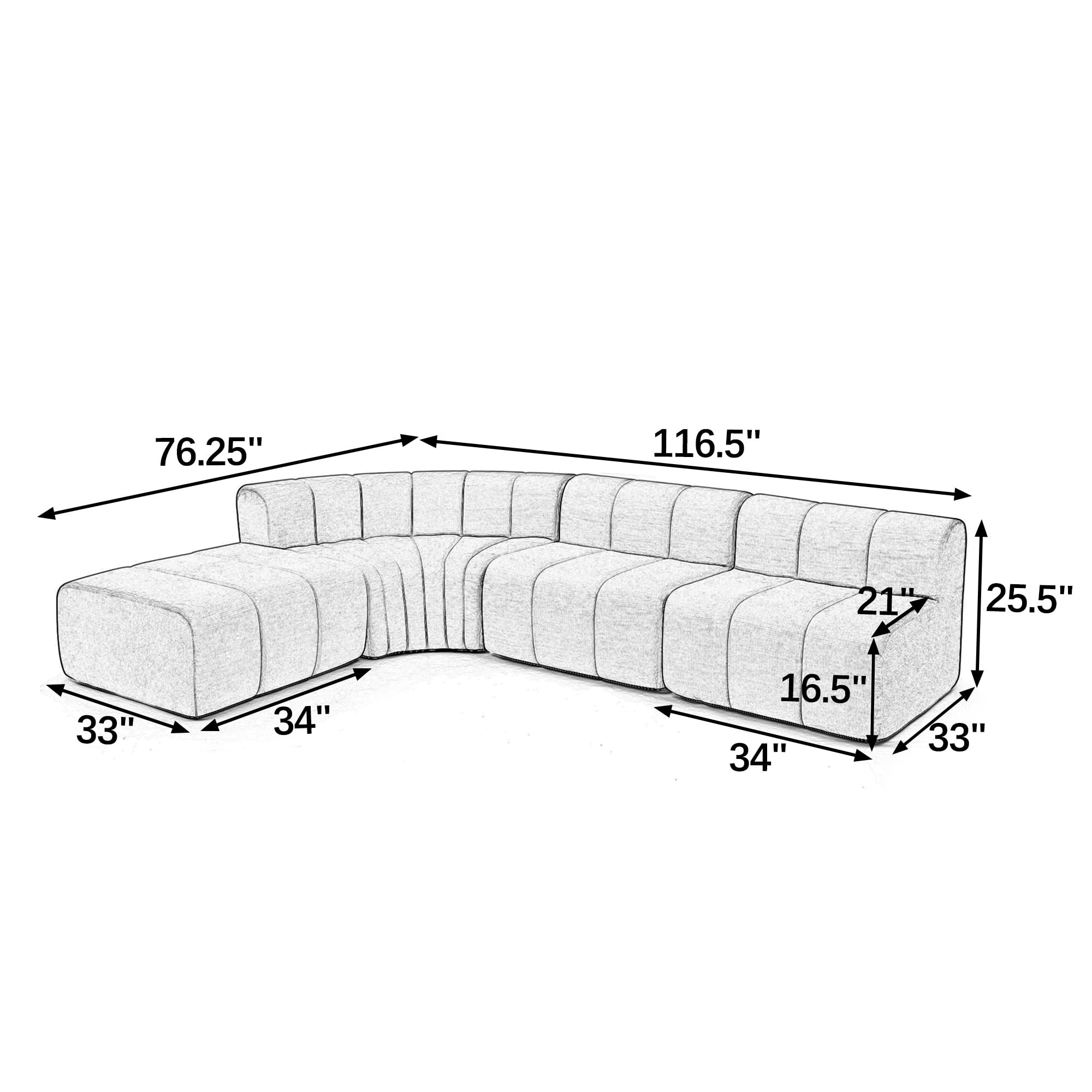116"W Modern Semi-Curved Modular Sectional Sofa with Movable Ottoman,Vertical Stitched Chenille Cloud Sofa Couch for Living Room,No Assembly Required,Beige