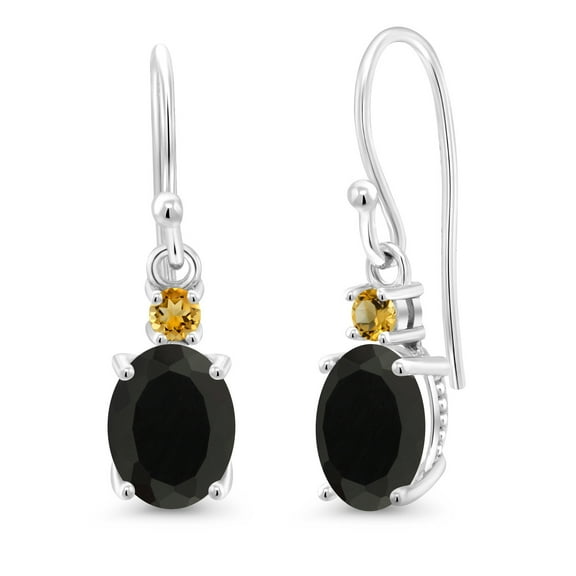 Gem Stone King 10K White Gold Black Onyx and Yellow Citrine Dangle Earrings for Women (2.64 Cttw, Gemstone Birthstone, Oval 8x6mm)
