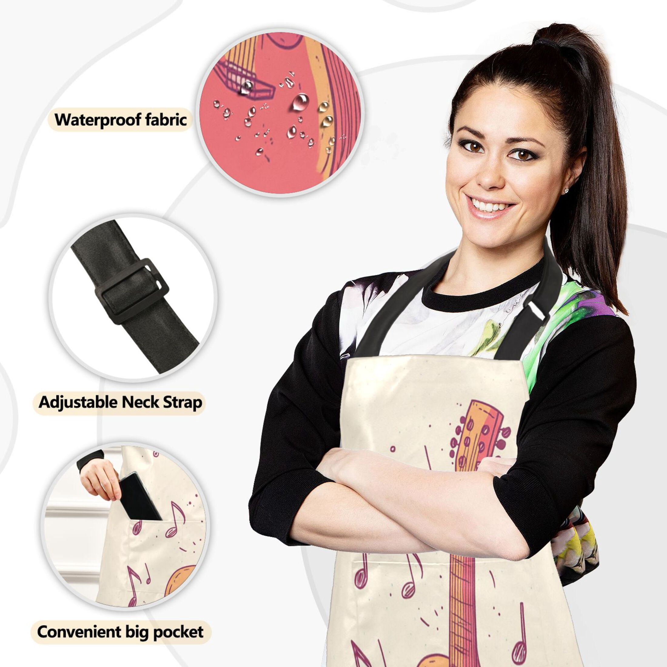 5 Pcs Kitchen Set Heat Resistant Oven Mitts and Non-Slip Pot Holders with Adjustable Cooking Apron Guitar and Notes