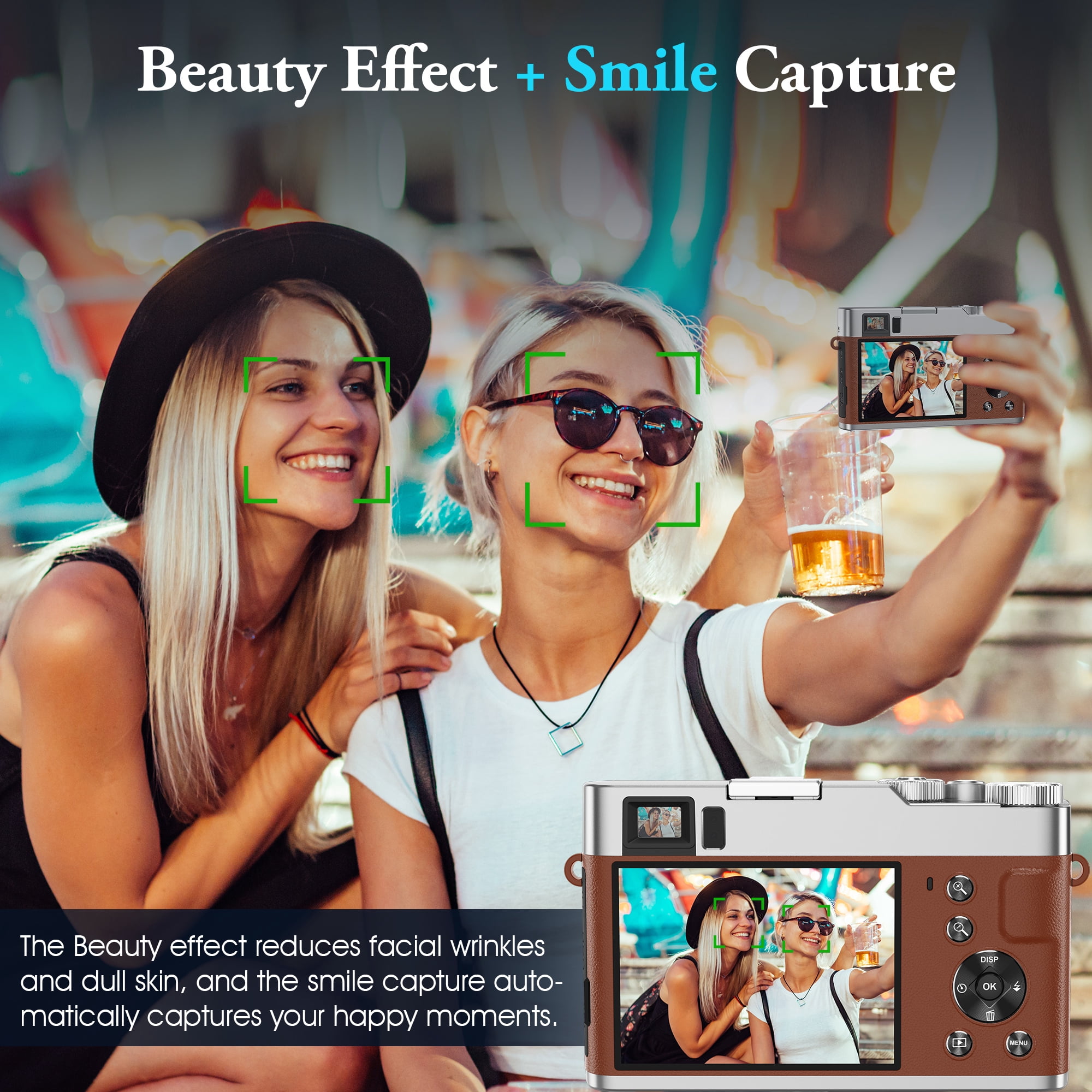 Digital Camera 4K Autofocus Anti-Shake 16X Zoom 48MP Compact Point and Shoot Digital Camera with 32GB Micro Card, Brown