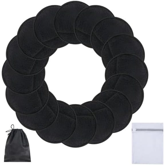 Reusable Makeup Remover Pads for Face,Eyes,Lips 16 Pack Microfiber Face Cleansing Gloves Washable with Laundry Bag and Travel Bag Rounds Toner Pads (Round 3.15inchx16, Black)