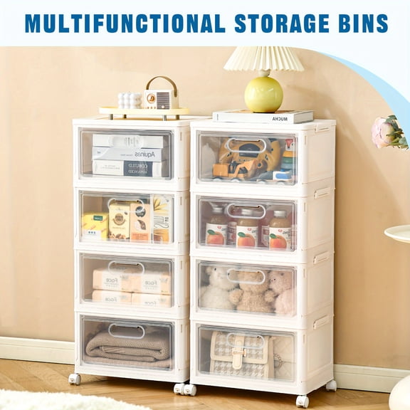 4 Tier Large Stackable Storage Bins 23QT - Clear Plastic Storage Containers with Magnetic Doors Collapsible for Pantry Organization