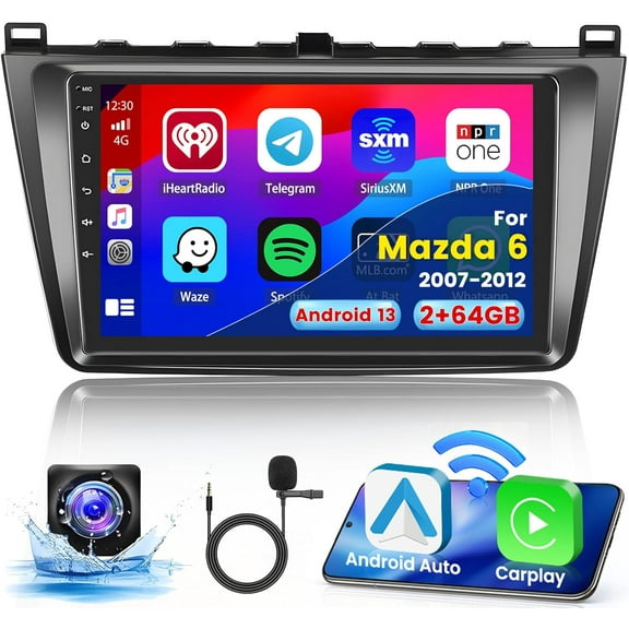 2 64G Radio for Mazda 6 2007-2012 Android 13 CarPlay Car Stereo 9'' HD Touch Screen Compatible with Android Auto AHD Backup Camera Bluetooth GPS WiFi FM RDS