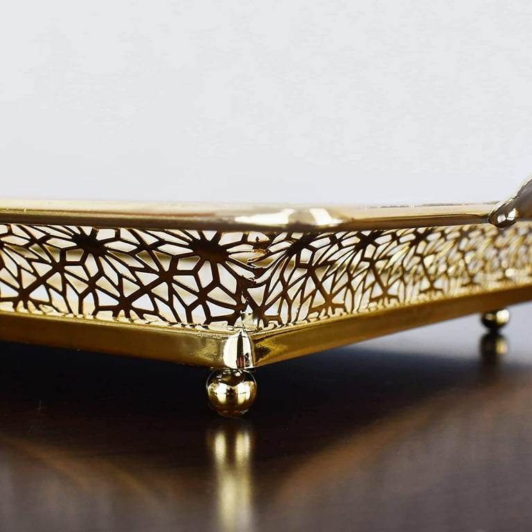 Vintage Gold Decorative Mirrored Tray with Metal Handles, Vanity