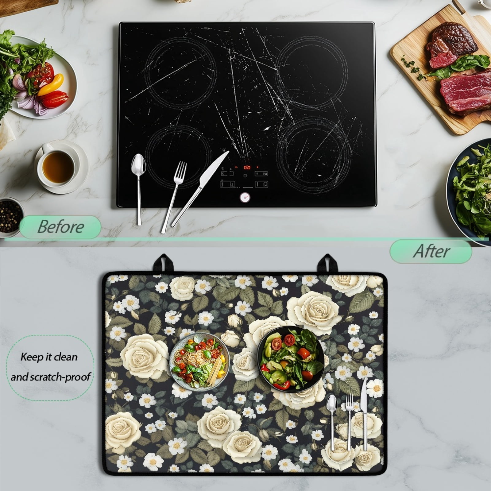 Renewold Stove Cover for Electric Glass Top Stove, Induction Electric Stove Top Protector Oil-proof Heat Resistant Washer Dryer Top Cover, 29'' x 21'', Elegant Rose Leaf