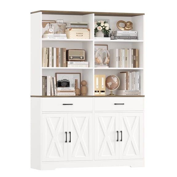 Homfa 6-Tier 6 Cubes Bookshelf with Drawers, Farmhouse Tall Double Row Bookcase with Adjustable Shelves, 47" Wide Bookshelf with Doors and Drawers, White
