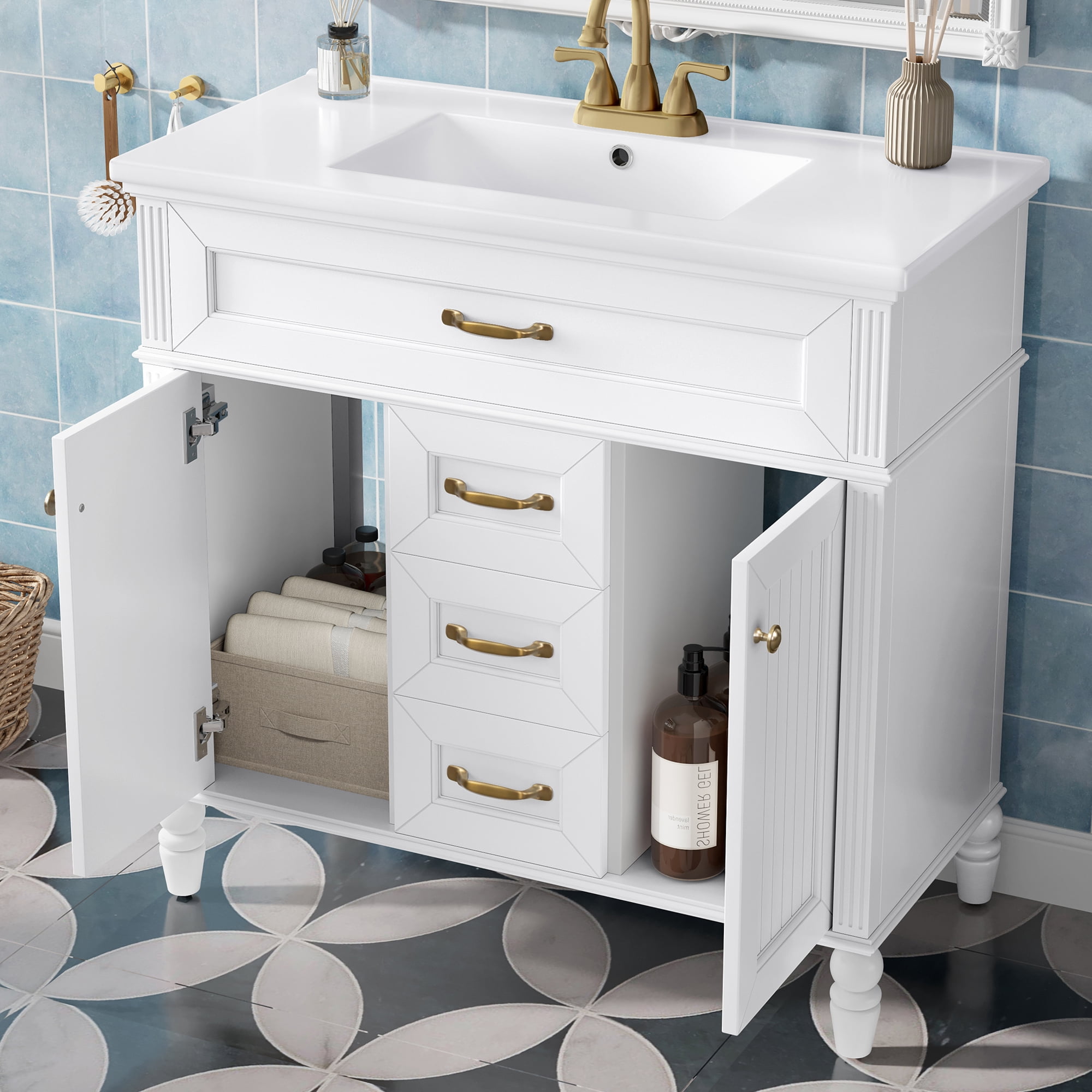 Euroco 36 Inch Bathroom Vanity with Sink Combo, White Freestanding Cabinet with Ceramic Basin, MDF + Solid Wood Frame, Flip-Out Top Drawer, Soft Close Doors, 2 Storage Drawers, Golden Handles