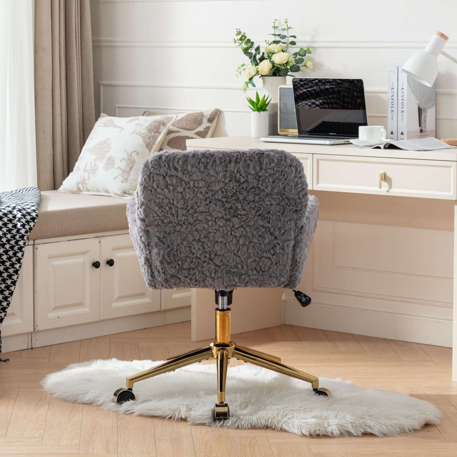 GAKMCIL Artificial Alpaca Wool Home Office Chair, Ergonomic Desk Chair, Vanity Chair with 360 ° Swivel, Arm, Golden Metal, Chassis can be Tilted 40°, 300lb Load for Study, Office, Bedroom (Gray)