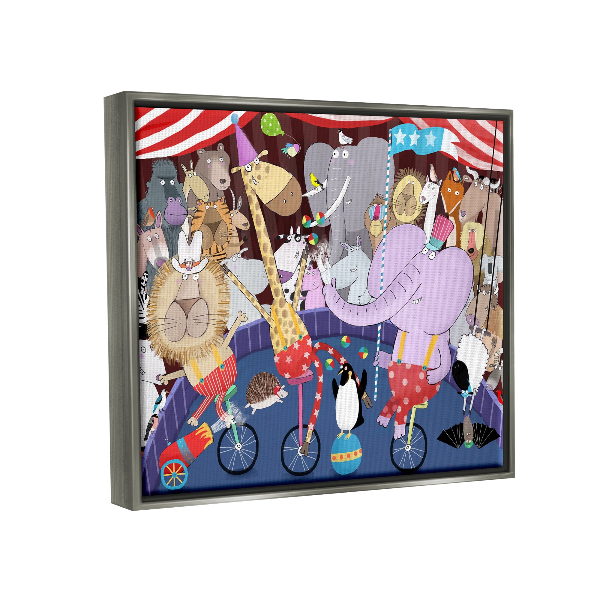 Stupell Industries Animals in Circus Scene Animals & Insects Painting Gray Floater Framed Art Print Wall Art, 21 x 17