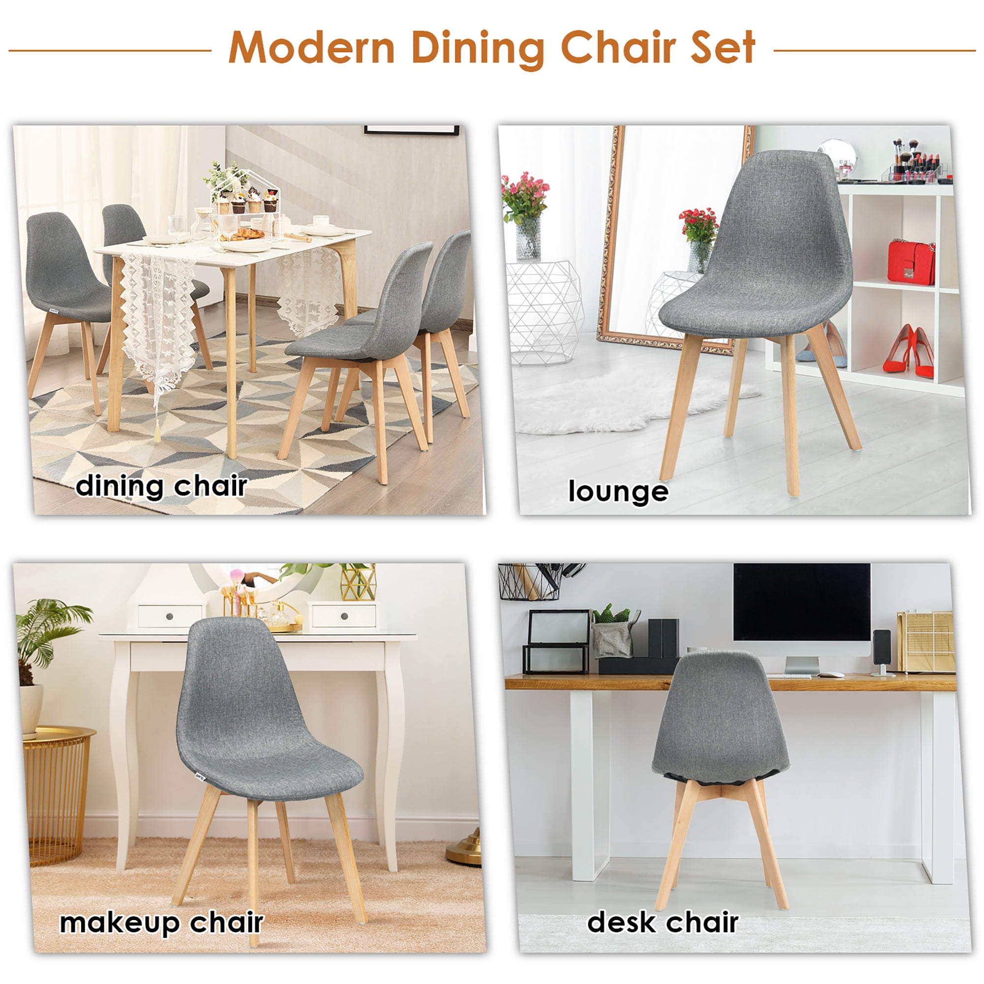 Costway Set of 4 Dining Chair Fabric Cushion Seat Modern Mid Century W/Wood Legs Grey