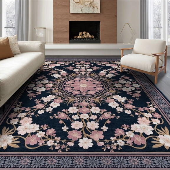 ODIKA 8'x10' Washable Area Rug Non-Shedding, Easy Care, Japanese Plum Asian Inspired Dusty Pink Cherry Tufted Chinese for King Size Bedroom Under Bed, Master Suite