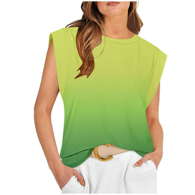 QUINDOS Chemises pour Femmes Été Vert Yoga Mode Décontracté Col Rond Sans Manches T-shirt Blouse Débardeurs pour Femmes