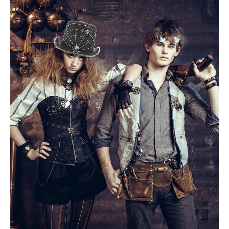 OOAK Steampunk Top Hat Cosplay Leather Skulls Gears Spiders Feathers Sz M 22.25\