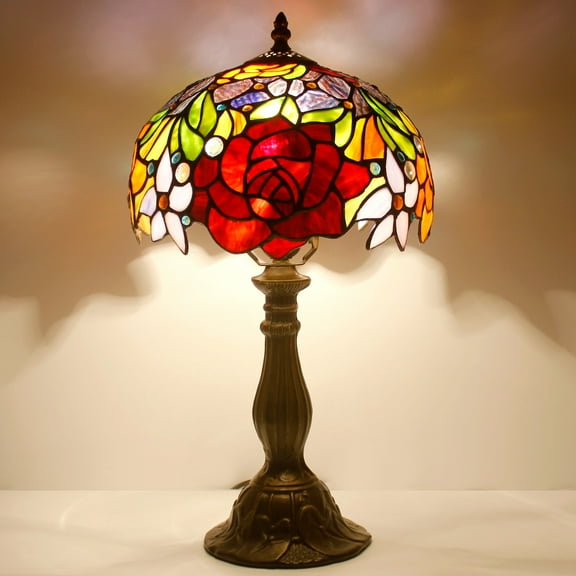 Werfactory 18” Victorian Energy Efficient Bronze Table Lamp with Stained Glass Rose Shade