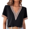 thumbnail image 1 of Camisa de mujer con cuello en V, manga corta, encaje guipur, blusa informal de poliéster para oficina en casa, 1 of 6