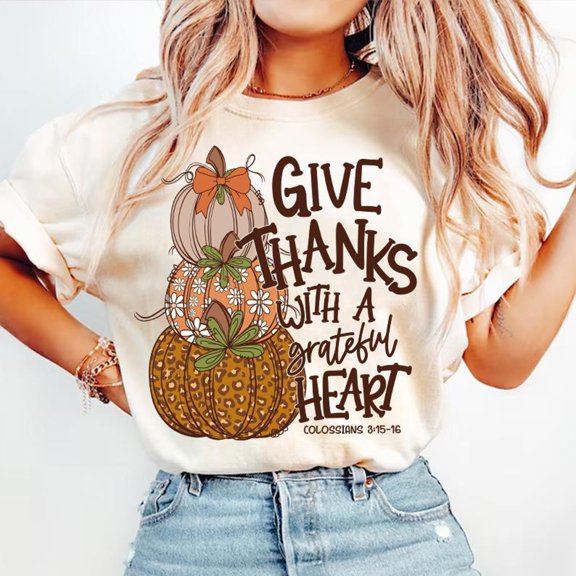 Give Thanks Verse Shirt, Fall Pumpkin Thanksgiving Tee, Christian Coquette Shirt with Leopard Pumpkin and Jesus Cross, Dalmatian Dots Shirt