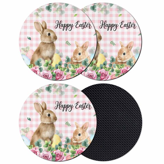 Easter Coasters Set of 4, Absorbent Coasters for Drinks, Spring Watercolor Bunny Eggs Flower Leaf Pink Plaid Coaster for Desk Coffee Table Protection, Home Decor House Warming Gifts 4"