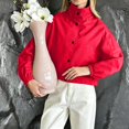 thumbnail image 4 of FRSASU Cropped Windbreaker Jacket for Women Stand Collar Button Up Short Coat with Side Pockets and Elastic Cuffs Red, 4 of 5