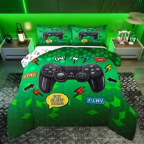 Homewish Teens Game Gamepad Queen Comforter Set, Video Gaming Gamer Bedding Sets, Green Square Checkered Reversible Bedding Comforter Set, Ultra Soft Bedroom Decor, 3 Pieces