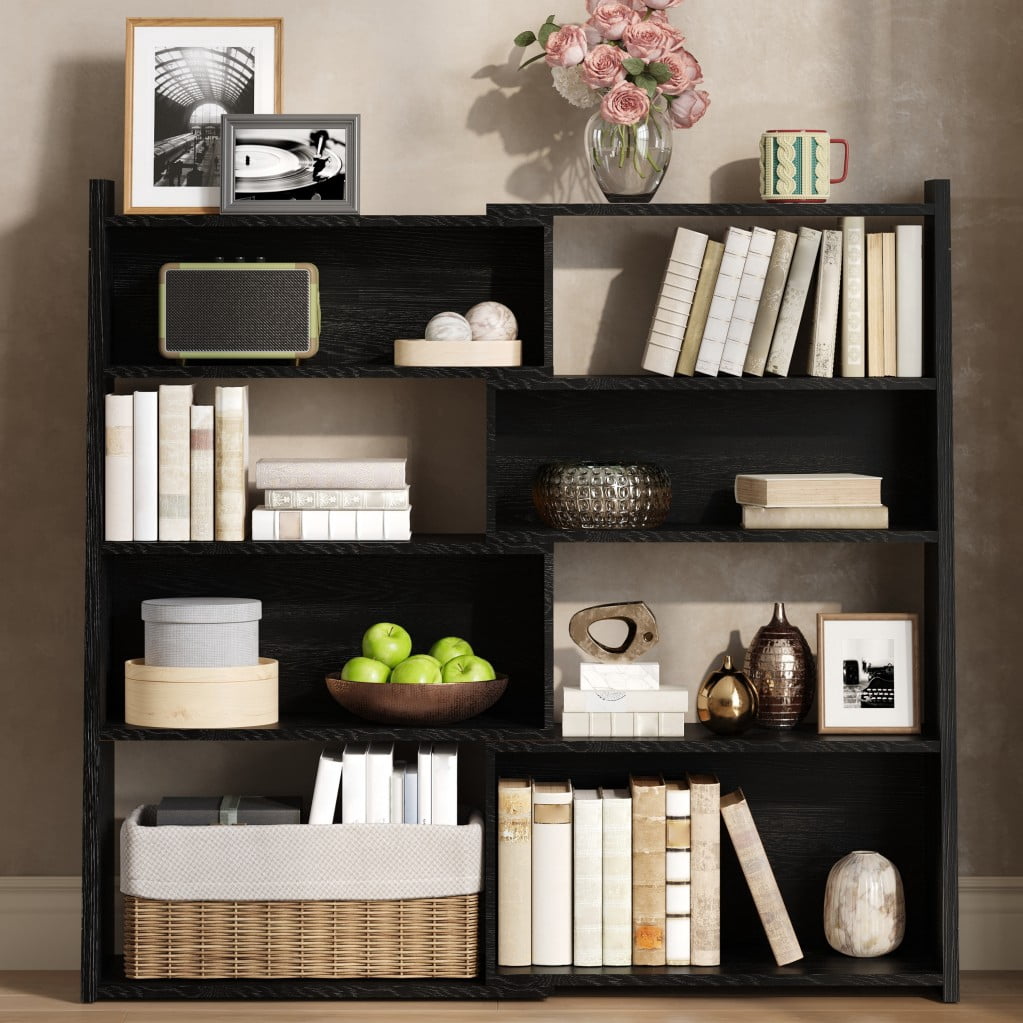 Expandable Bookshelf, 4-Tier 2-Piece L-Shaped Adjustable Bookcase, Up to 47" Wide Modular Storage Shelf for Wall Corners, Living Room, Bedroom & Small Spaces, Black