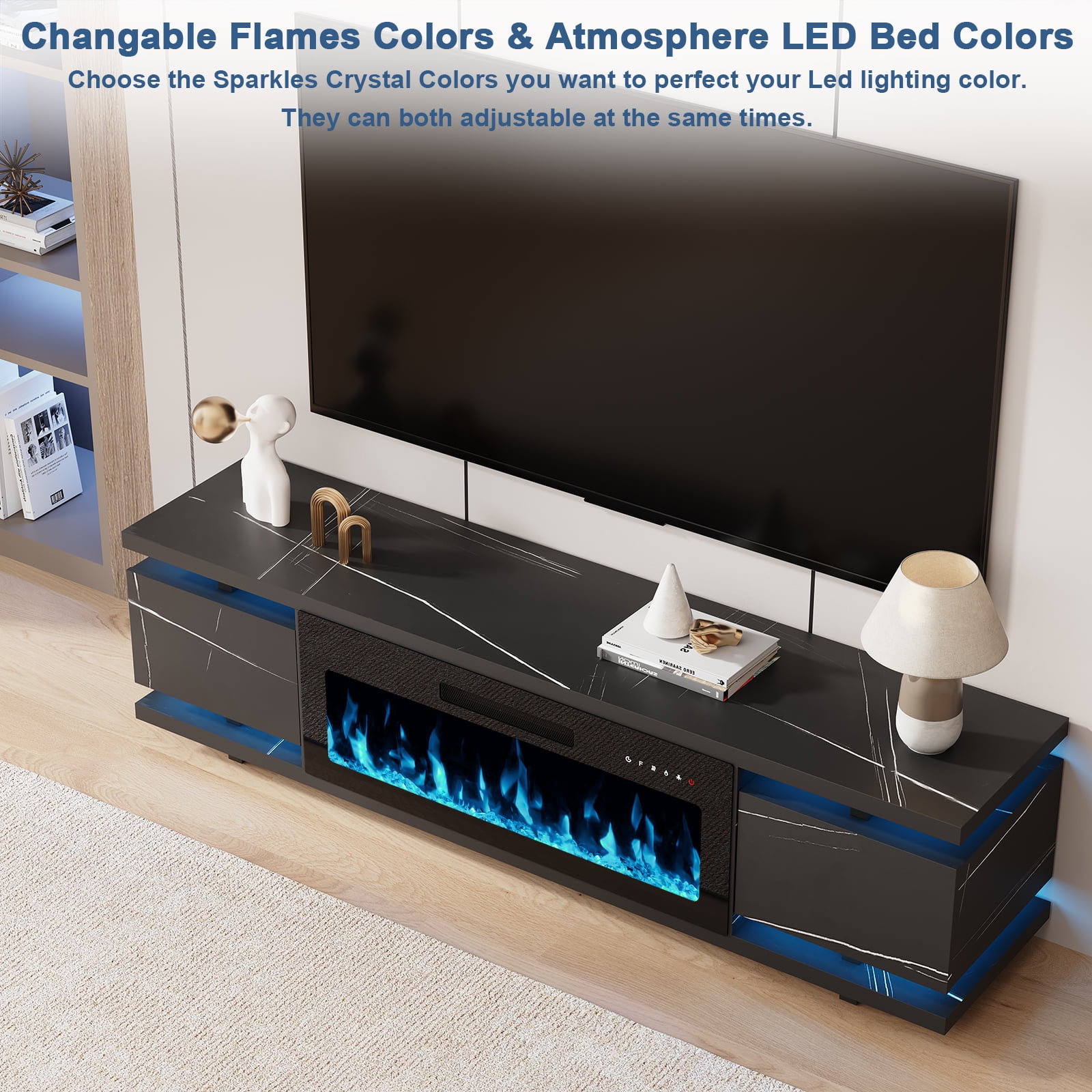 FAGAGA 69" Electric Fireplace TV Stands for TVs up to 80", LED Lights and Remote Control,Black