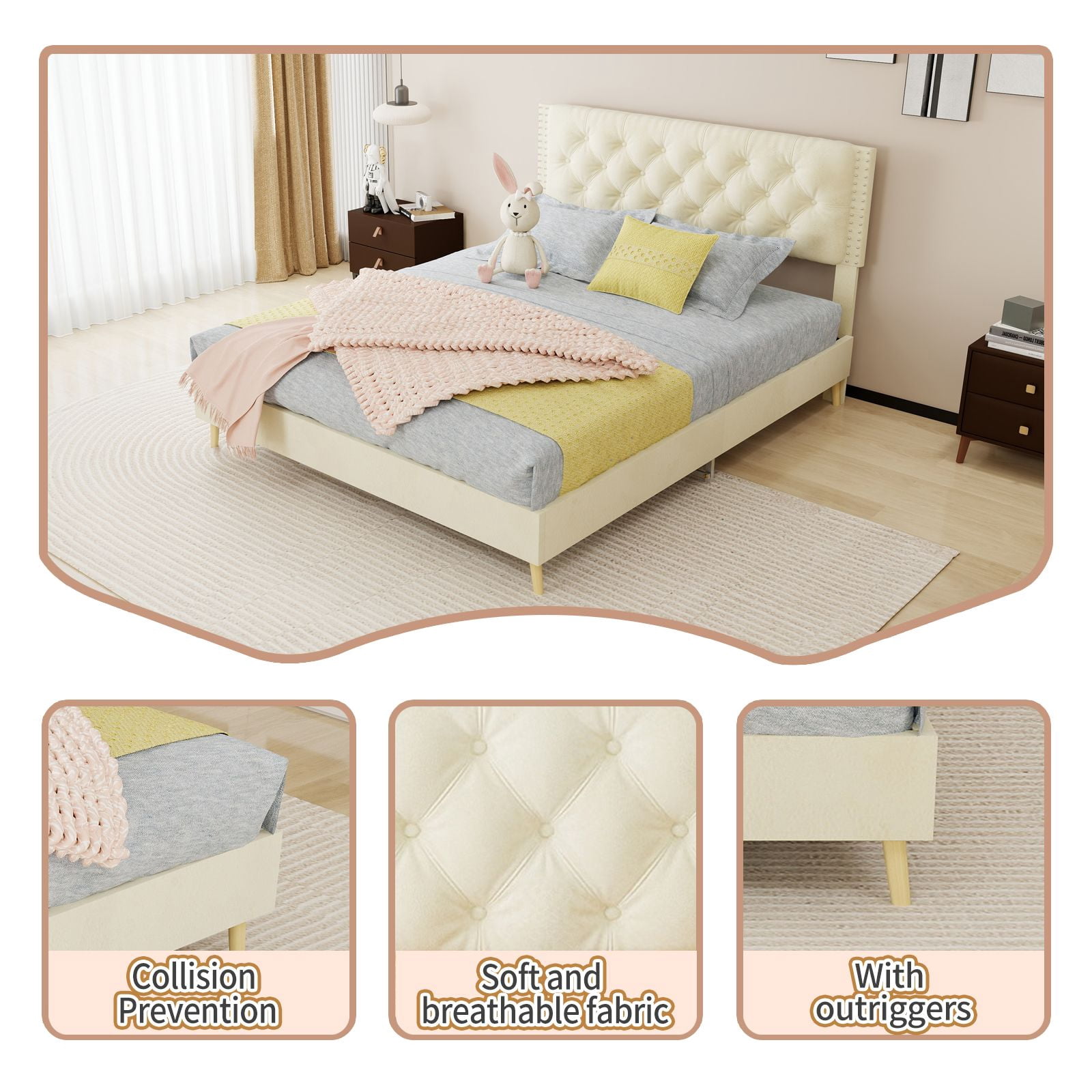 Alvantor Queen Size Upholstered Bed Frame with Padded Headboard, Holland Velvet Tufted Beige
