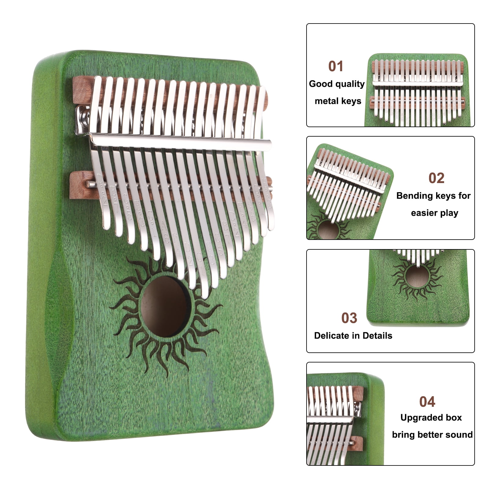 Uxcell 17 Keys Thumb Piano, Green Mini Portable Finger Piano Maple Wood Sun Pattern with Protective Bag, Tune Hammer