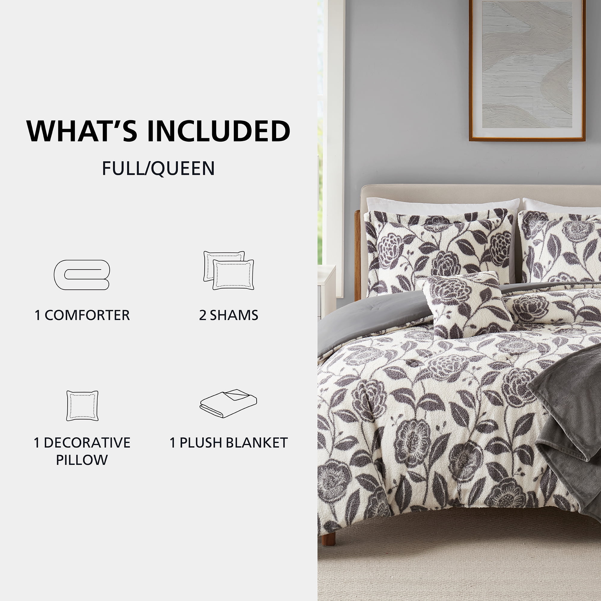 Mainstays Full/Queen Comforter Set, All-Season, 5-Piece, Grey Floral Cozy Plush