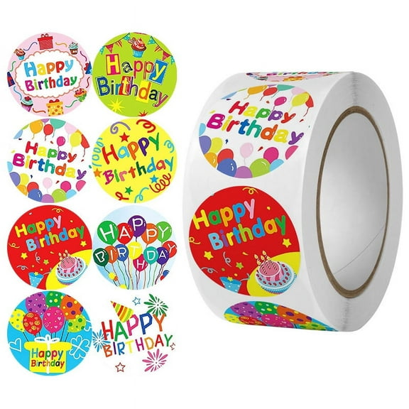 Happy Birthday Stickers Seals 1" 500Pcs in 1Roll for Birthday Décor Party Supplies School Cards Sealing, 8 Designs Envelope Sealing Gift Wrap